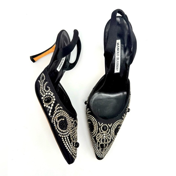 Manolo Blahnik Vintage Black Satin Jeweled Crystal Carolyne Slingback pumps EU38 - Picture 1 of 10